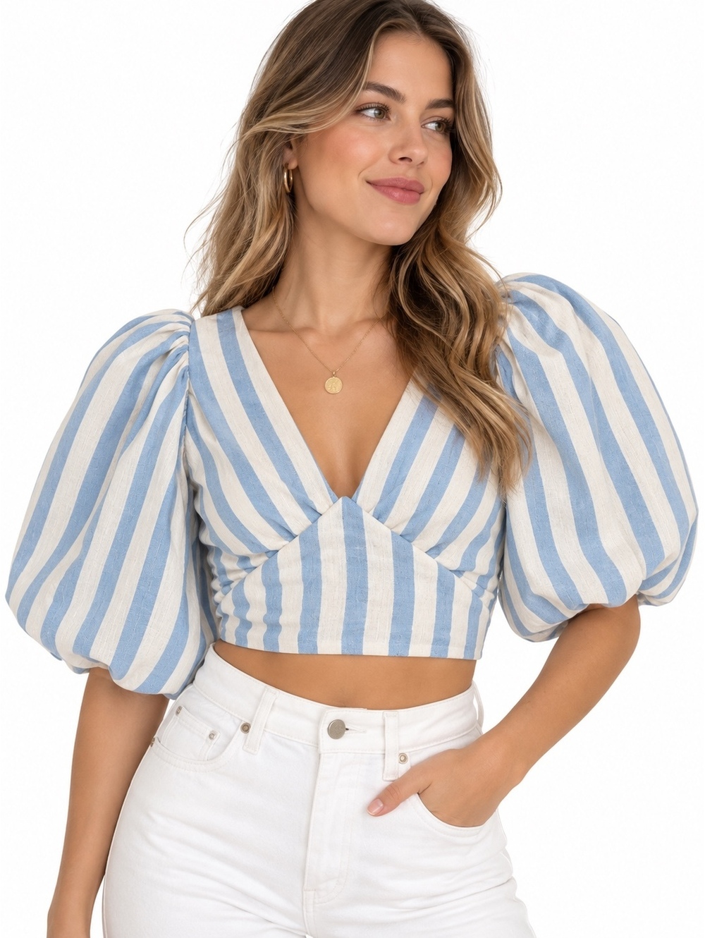 THE SANG Puff Sleeve Striped Crop Top Blue Cream Ruched Coastal Size L